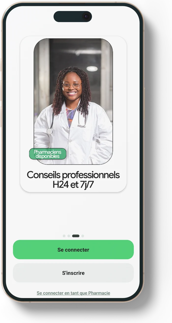 Écran d’une application de conseil en pharmacie, disponible 24 h sur 24