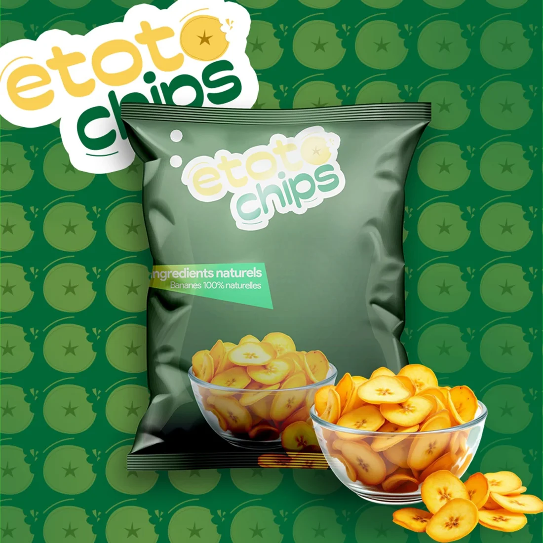 Paquet Etoto Chips vert devant un motif de bananes