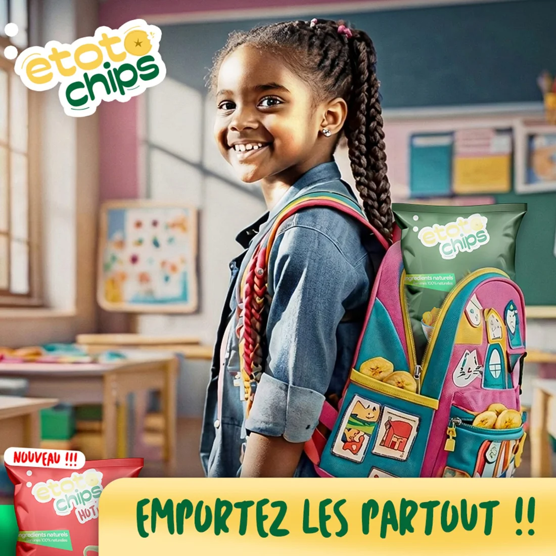 Écolière avec un paquet Etoto Chips dans son sac